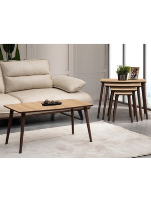 Vega 4lü Dörtlü Mdf Ahşap Zigon Sehpa ve Orta Sehpa Seti - Meşe