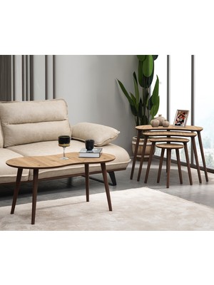 Moon 4lü Dörtlü Mdf Ahşap Zigon Sehpa ve Orta Sehpa Seti - Meşe