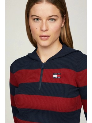 Tommy Jeans Tommy Hilfiger Kadın Fermuarlı Hood Çizgili Kazak