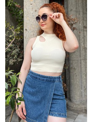 Gülseli Ön Pencereli Bisiklet Yaka Kadın Kaşkorse Crop Top Bluz