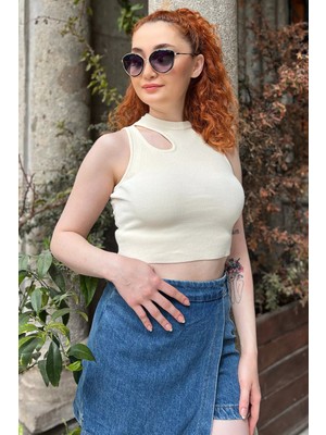 Gülseli Ön Pencereli Bisiklet Yaka Kadın Kaşkorse Crop Top Bluz