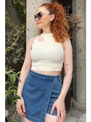 Gülseli Ön Pencereli Bisiklet Yaka Kadın Kaşkorse Crop Top Bluz