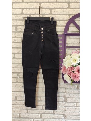 Yüksek Bel Düğme ve Yırtık Detaylı Kot Pantolon Jean 92CM