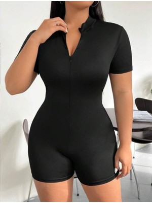 DervisİN Kadın Kısa Kollu Önü Fermuarlı Bodycon Dalgıç Tulum