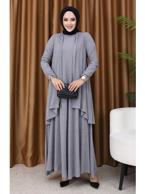 Sefa Merve Büyük Beden Yelek Elbise Ikili Takım 6370-02 Gri