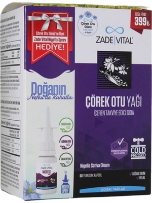 Zade Vital Çörek Otu Yağı 60 Kapsül Aromasız + 10 ml Nigefix Sprey Hediye Doğal Takviye