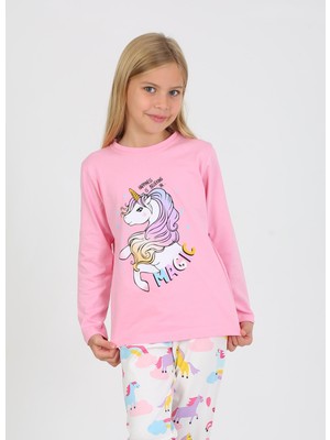 Kız Çocuk Uzun Kollu %100 Pamuklu Pijama Takımı Happines Koyu Pembe