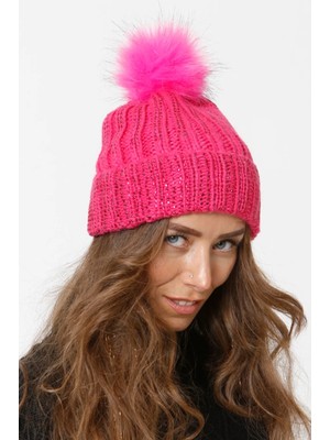 Taşlı Katlamalı Ponponlu Örgü Bere