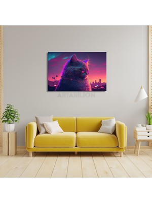 Artarilion Kanvas Tablo Neon Renkli Gözlüklü Kedi Görseli Dijital Baskı Tablo Kedi Tablosu