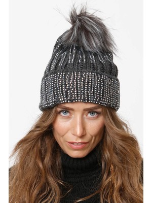 Taşlı Katlamalı Ponponlu Örgü Bere