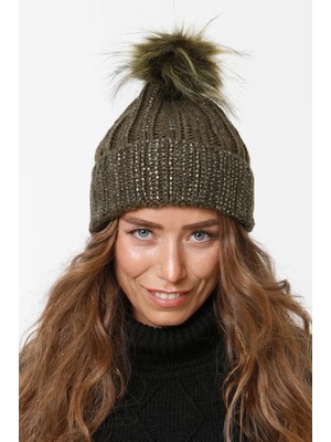 FLORİ Taşlı Katlamalı Ponponlu Örgü Bere