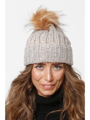 FLORİ Taşlı Katlamalı Ponponlu Örgü Bere