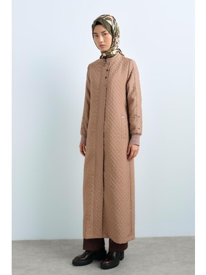 Nihan Ince Kapitone Çıt Çıt Detaylı Ribanalı Pardesü  Vizon