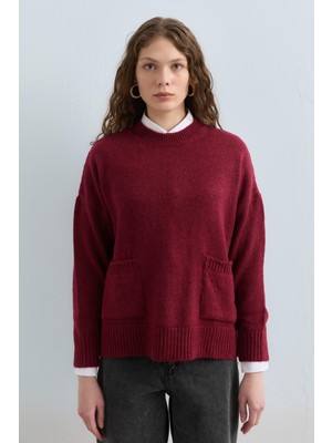 Nihan Cep Detaylı Oversize Triko Tunik  Bordo