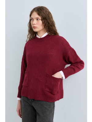 Nihan Cep Detaylı Oversize Triko Tunik  Bordo