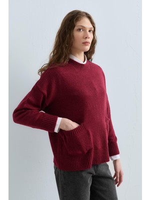 Nihan Cep Detaylı Oversize Triko Tunik  Bordo