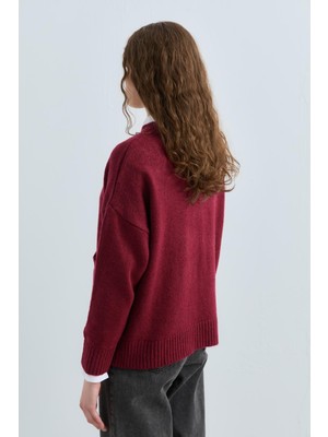 Nihan Cep Detaylı Oversize Triko Tunik  Bordo