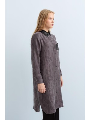Nihan Yakası Deri Viskon Tunik  Füme