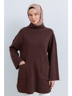 Nihan Cep Detaylı Oversize Tunik  Kahve