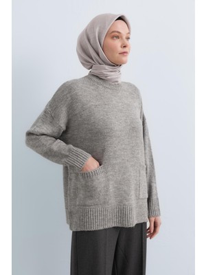 Nihan Cep Detaylı Oversize Triko Tunik  Gri