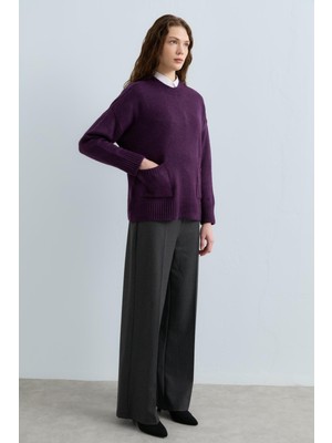 Nihan Cep Detaylı Oversize Triko Tunik  Mor