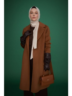 Nihan Kuşaklı Torba Cepli %100 Yün Kaban Kahve