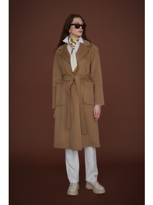 Nihan Kuşaklı Torba Cepli %100 Yün Kaban  Vizon