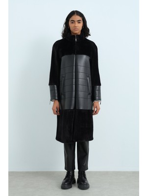 Nihan Deri Detaylı Angora Kaban  Siyah