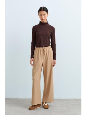 Nihan Beli Lastikli Bol Paça Örme Pantolon  Camel
