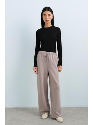 Nihan Beli Lastikli Bol Paça Örme Pantolon  Vizon