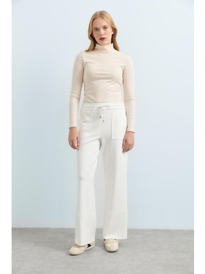Nihan Beli Lastikli Örme Bol Pantolon  Ekru