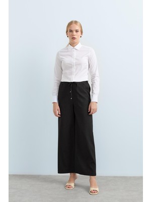 Nihan Beli Lastikli Çizgili Bol Paça Pantolon  Füme