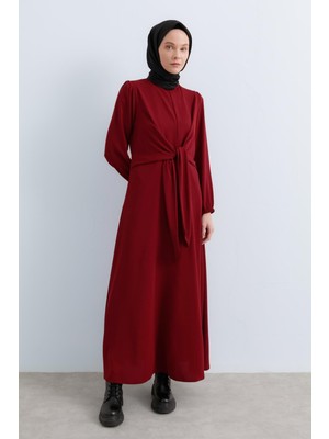 Nihan Beli Drape Detaylı Şık Elbise  Bordo