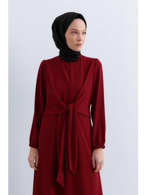 Nihan Beli Drape Detaylı Şık Elbise  Bordo