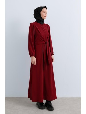 Nihan Beli Drape Detaylı Şık Elbise  Bordo