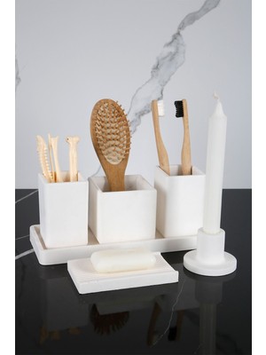 7 Parça Mermer Desenli Beton Banyo Seti Katı Sabunluk Mumluk Tepsi