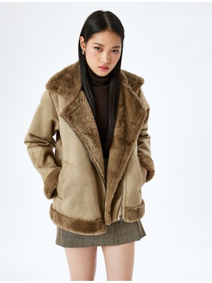 Koton Suni Kürk Yaka Deri Görünümlü Fermuarlı Cepli Biker Ceket