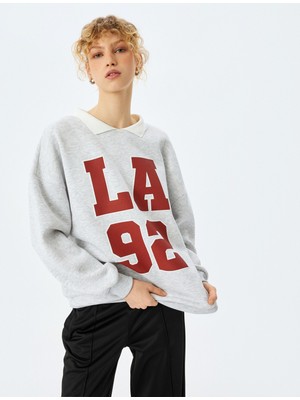 Oversize Kolej Baskılı Polo Yaka Sweatshirt