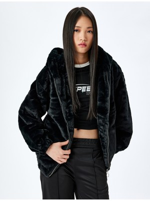 Koton Peluş Mont Kapüşonlu Fermuarlı Cep Detaylı