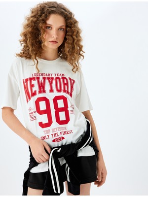 Koton Kolej Baskılı Oversize Bisiklet Yaka Kısa Kollu Tişört