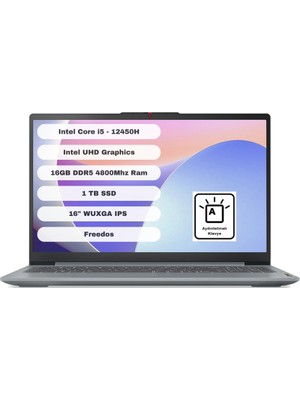 Lenovo Ideapad Slim 3 16IAH8 83ES003QTR Intel Core I5 12450H 16GB 1tb SSD 16" Wuxga Freedos Gri Taşınabilir Bilgisayar