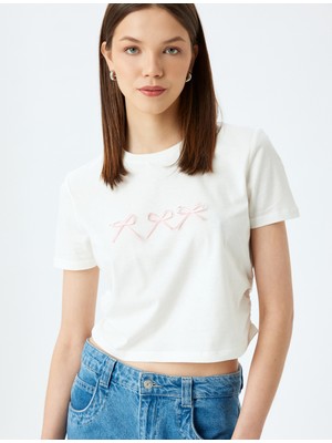 Koton Crop Bisiklet Yaka Kısa Kollu Slim Fit Fiyonklu Tişört