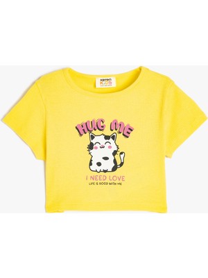 Koton Bisiklet Yaka Kısa Kollu Kedicik Baskı Detaylı Pamuklu Crop Tişört