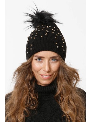 Incili Ponponlu Triko Örgü Bere