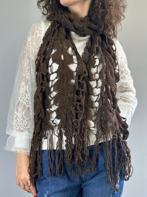 Kahverengi Triko Örgü Kadın Fular Şal 200X60 cm