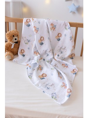 Umaygroup % 100 Pamuk Elit Müslin - Dijital Baskı Çift Katlı Bebek Battaniye  April Lion