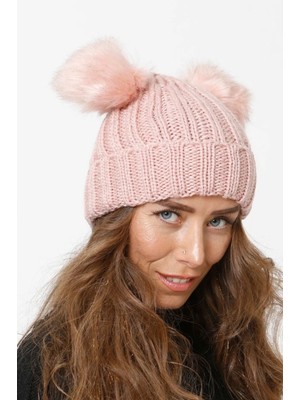 Katlamalı Çift Ponpon Örgü Bere