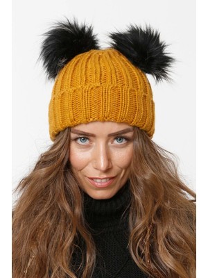 Katlamalı Çift Ponpon Örgü Bere