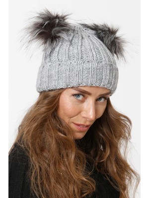 Katlamalı Çift Ponpon Örgü Bere