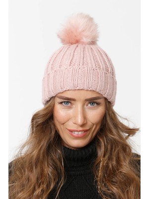 Katlamalı Kürk Ponponlu Triko Örme Bere